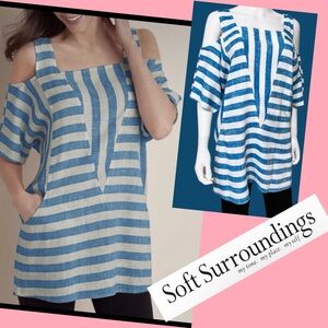 Soft Surroundings Linen Blend Sunset Striped Cold Shoulder Tunic Top 
Size M